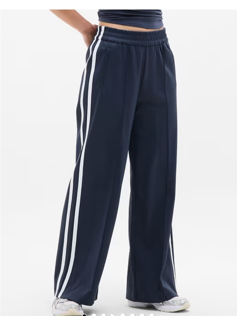 Athleta Navy Track Pants with White Side Stripes